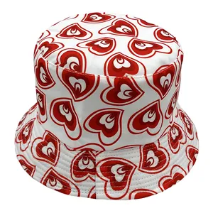 Women's Heart Print Bucket Hat Flat Top Wide Brim Sun Protection Polyester Fisherman Hat For Valentine's Day Casual Outdoor