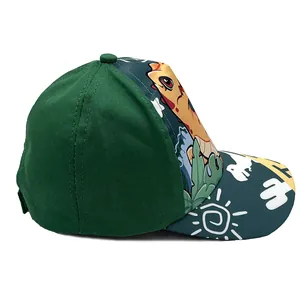 Kids green cartoon dinosaur baseball cap with wide brim and vibrant sun prints