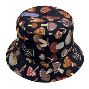 Mushroom Print Bucket Hat For Women Men Summer Sun Protection Wide Brim Foldable Polyester Casual Fisherman Hat Outdoor Travel