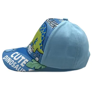 Blue kids baseball cap with cute green cartoon dinosaur and wide brim for sun protection