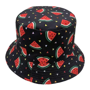 Black summer bucket hat featuring vibrant watermelon print and geometric patterns