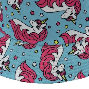 Close-up of high-quality double stitching and unicorn pattern on blue summer bucket hat