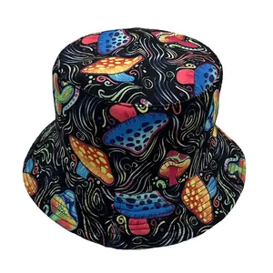 Black bucket hat with colorful pop art mushroom print for summer sun protection