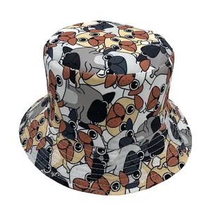 Unisex bucket hat featuring all-over cartoon pug print with wide sun protection brim