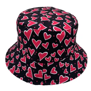 Unisex black fisherman hat featuring heart patterns for stylish summer sun protection