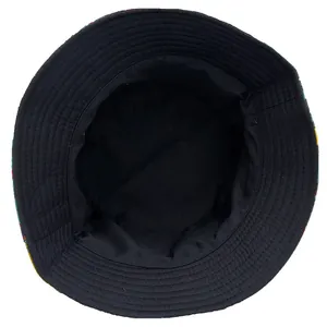 Interior view of black canvas mushroom bucket hat showing quality parallel stitching