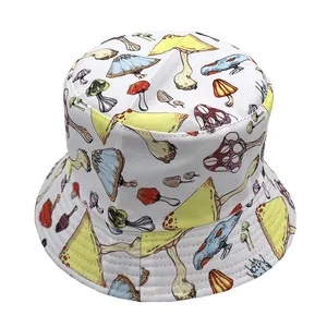 Unisex white bucket hat with colorful mushroom print and reinforced stitched brim