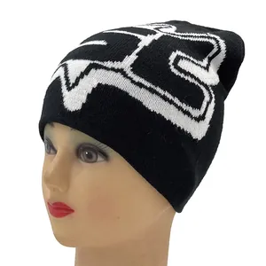 Black knitted beanie hat with white star jacquard FOX logo for winter warmth
