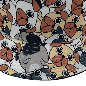 Unisex cotton bucket hat featuring cute pug dog print with detailed stitching on brim