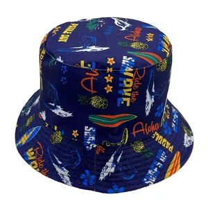 Navy blue bucket hat with tropical surfing print featuring pineapple and aloha motifs