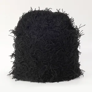 Plush black camouflage knitted beanie hat with textured faux fur finish for winter warmth