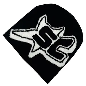 Black knit beanie with white SC star pattern for men and women in winter style