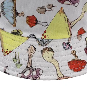 Unisex bucket hat with colorful mushroom print and reinforced stitching on the brim