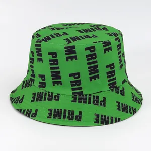 Detail of green canvas bucket hat with black PRIME letter print and reinforced brim stitching