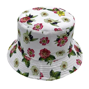 Detailed close-up of a white bucket hat featuring vintage floral and rose patterns