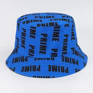 Blue PRIME letter print bucket hat in durable cotton twill for casual sun protection