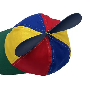 Classic rainbow propeller hat with colorful panels and spinning black plastic rotor