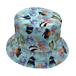 Unisex Casual Polyester Bucket Hat Summer Sun Protection Fisherman Cap Tropical Fish Dinosaur Unicorn Guitar Print Outdoor Beach Hat