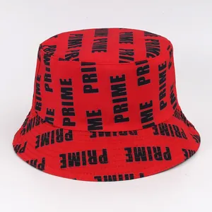 Red cotton fisherman hat featuring all-over black PRIME letter print for summer sun protection