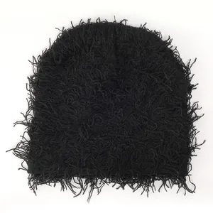 Unisex black fuzzy knit beanie with thick textured yarn for winter warmth