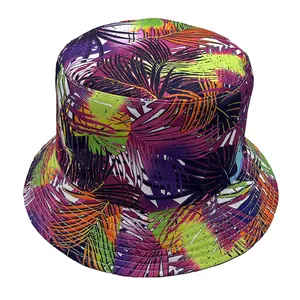 Detail of colorful tropical palm leaf print bucket hat with reinforced stitching brim