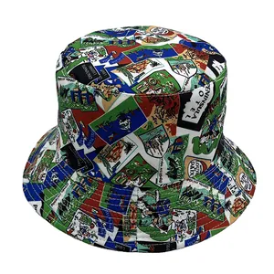 Detail of vintage travel stickers and hotel labels printed on canvas bucket hat