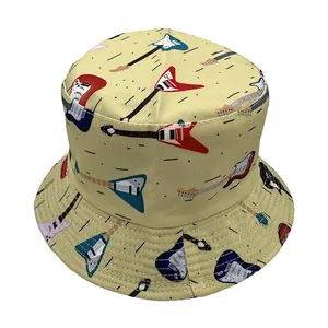 Pale yellow bucket hat with colorful electric guitar print made of durable canvas material