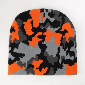 Winter knit camouflage beanie in orange and grey patterns for men and women warmth