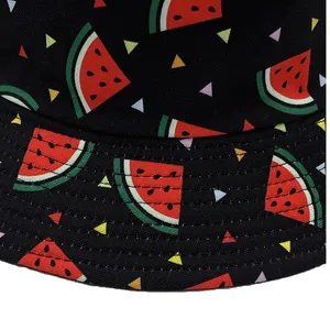 Detail of black cotton bucket hat with vibrant watermelon print and high-quality stitching