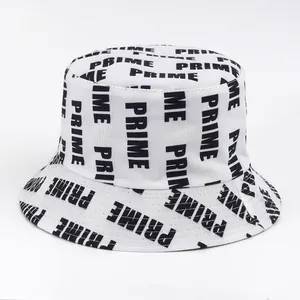 White canvas bucket hat featuring black PRIME letter print for summer sun protection