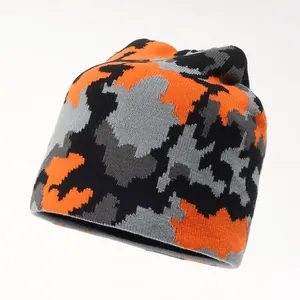 Winter knitted beanie featuring orange and dark grey camo pattern for men and women