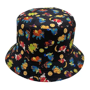 Black bucket hat with colorful watermelon and monster graffiti print for summer sun protection
