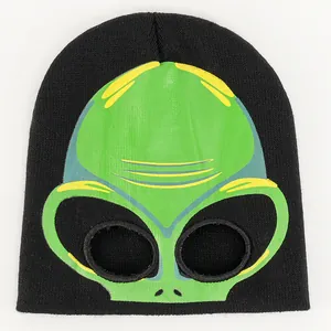 Halloween Glow In The Dark Alien Skull Knitted Beanie Hat For Men Women Winter Warm Funny Party Masque Hat Black Novelty Cap