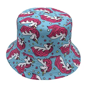 Light blue bucket hat with cute cartoon unicorn and stars pattern for summer sun protection