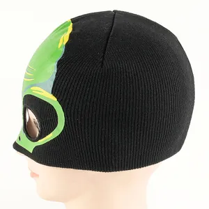 Black knitted alien balaclava full face mask with green glow design for winter warmth