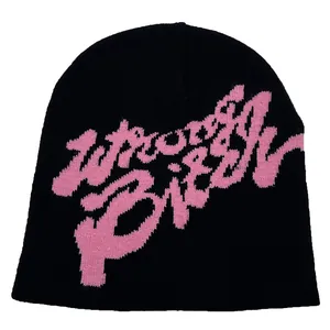 Streetwear Knitted Beanie Hat Warm Acrylic Winter Cold Cap With Contrast Pink Lettering Pattern For Outdoor Daily Unisex