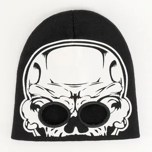 Black knitted alien skull beanie with eye holes for Halloween warm winter headwear