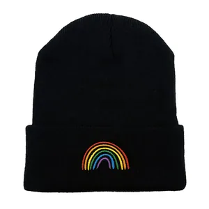 Bonnet en Tricot Chaud d'Hiver Pour Femmes Hommes Avec Broderie Arc-en-ciel Noir En Acrylique Côtelé Pour Extérieur