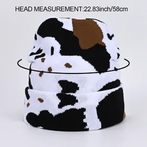 Trendy cow leopard print knitted beanie with 58cm head measurement for street fashion