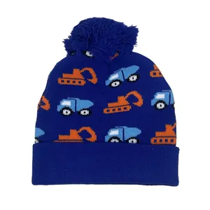 Navy blue knitted winter hat for boys with orange excavator patterns and fluffy pompom