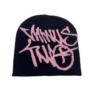 Streetwear Jacquard Knitted Beanie Hat Graffiti Letter Pattern Hip Hop Warm Winter Skull Cap For Men Women Black Pink