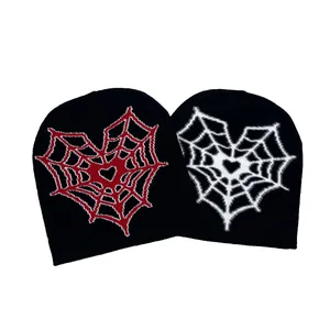Y2K Gothic Spider Web Heart Knit Beanie For Men Women Streetwear Hip Hop Warm Winter Jacquard Skull Cap Hat