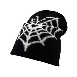 Streetwear black knit beanie featuring a white spider web jacquard pattern on a white background