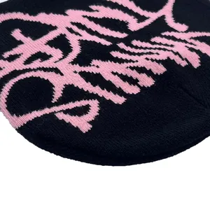 Y2K style black knit beanie with pink BABY jacquard letters for street fashion