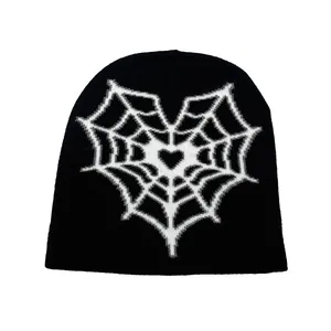 Hip-hop style black knit beanie featuring a white heart spider web jacquard pattern
