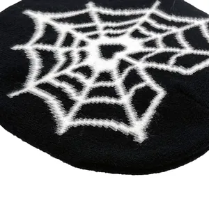 Streetwear black and white spider web jacquard knitted beanie with high contrast pattern