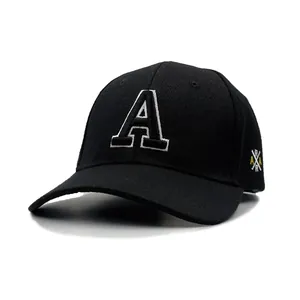 Black cotton baseball cap with white 3D embroidery letter A and side logo design