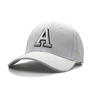 Close-up of white cotton baseball cap featuring 3D letter A embroidery and side detail