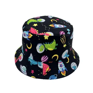 Chapeau Bob pour Enfants Imprimé Dinosaure de l'Espace Fusée Polyester Protection Solaire Chapeau de Pêcheur pour Garçons Filles Tout-Petits