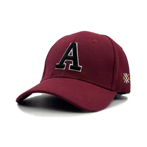 Burgundy cotton baseball cap with letter A embroidery for outdoor leisure sun protection